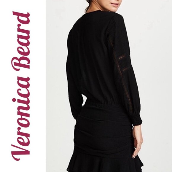 VERONICA BEARD SARASOTA DRESS LBD LONG SLEEVE RUCHED SKIRT MINI LACE TRIM SIZE 2 - Picture 9 of 15